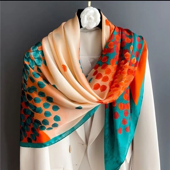 TURQUOISE silky orange bright happy leaf scarf - Picture 1 of 5